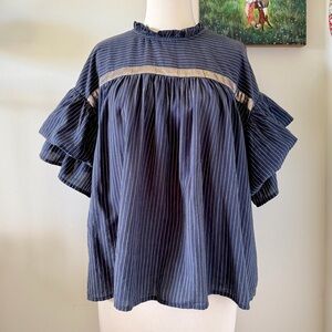 Ulla Johnson Size 6 Navy Pinstripe Ruffle Blouse